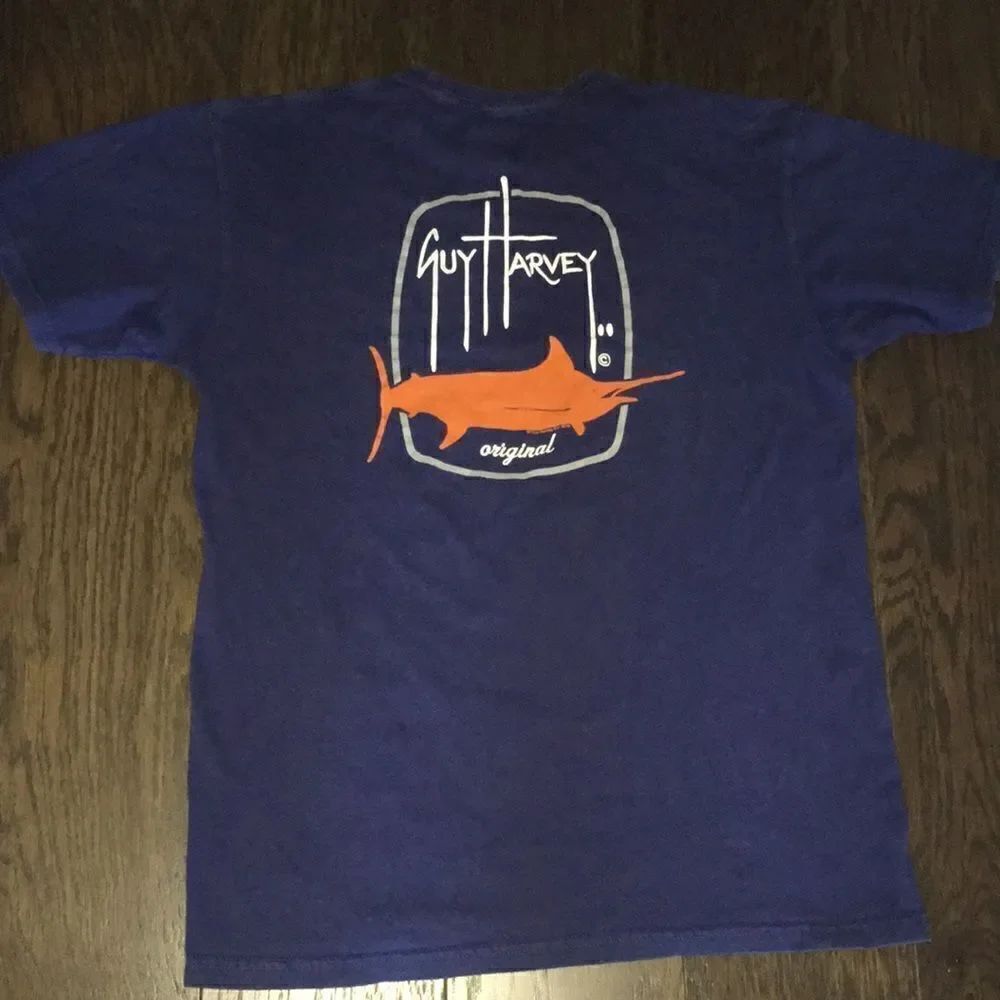 Worn pilled original Guy Harvey Bluewater Sailfish blue sailing fishing t shirt